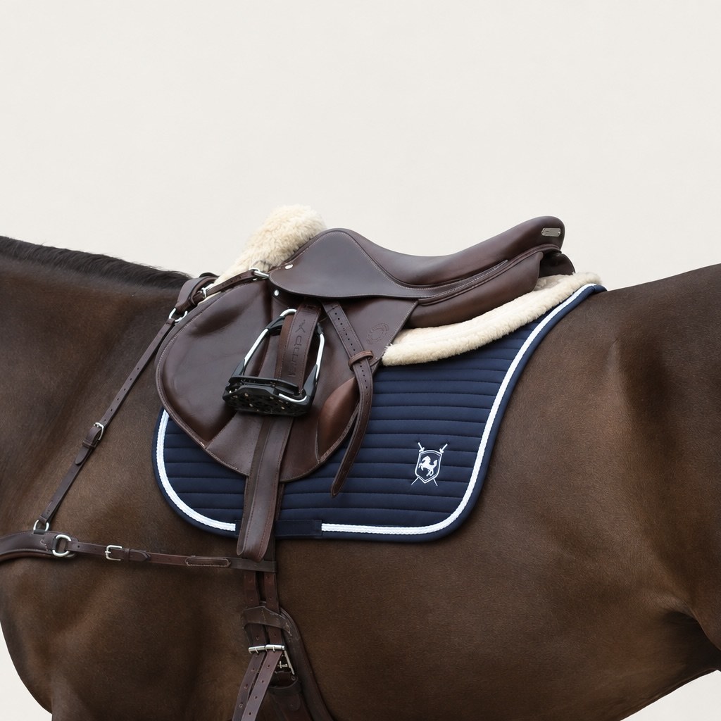 Bay horse wearing a navy quilted saddle pad with a brown leather jumping saddle
